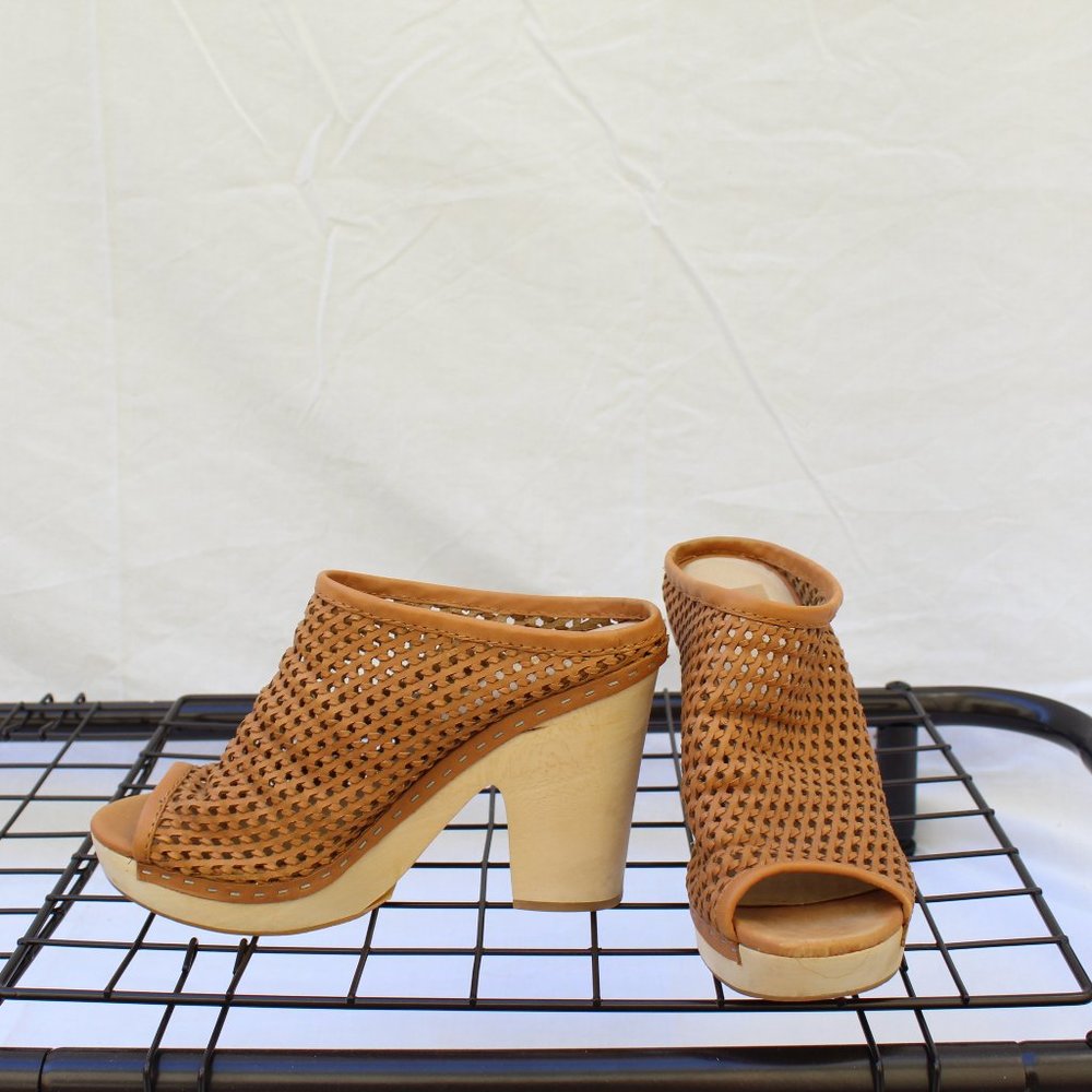 leather and wooden clog heels